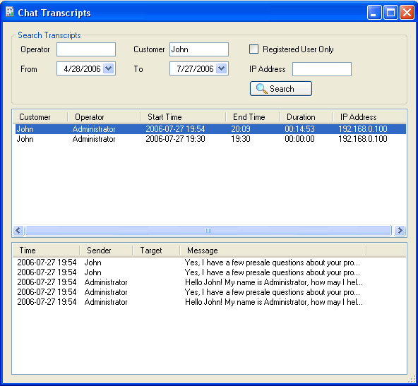 live support transcripts window